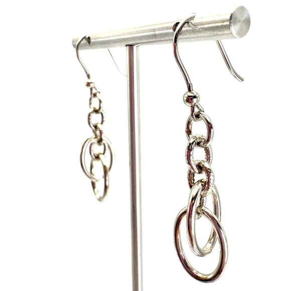 VTG Solid Sterling Silver 925 Oval Round Link Dangle Earrings 1.75" Length - Picture 2 of 11